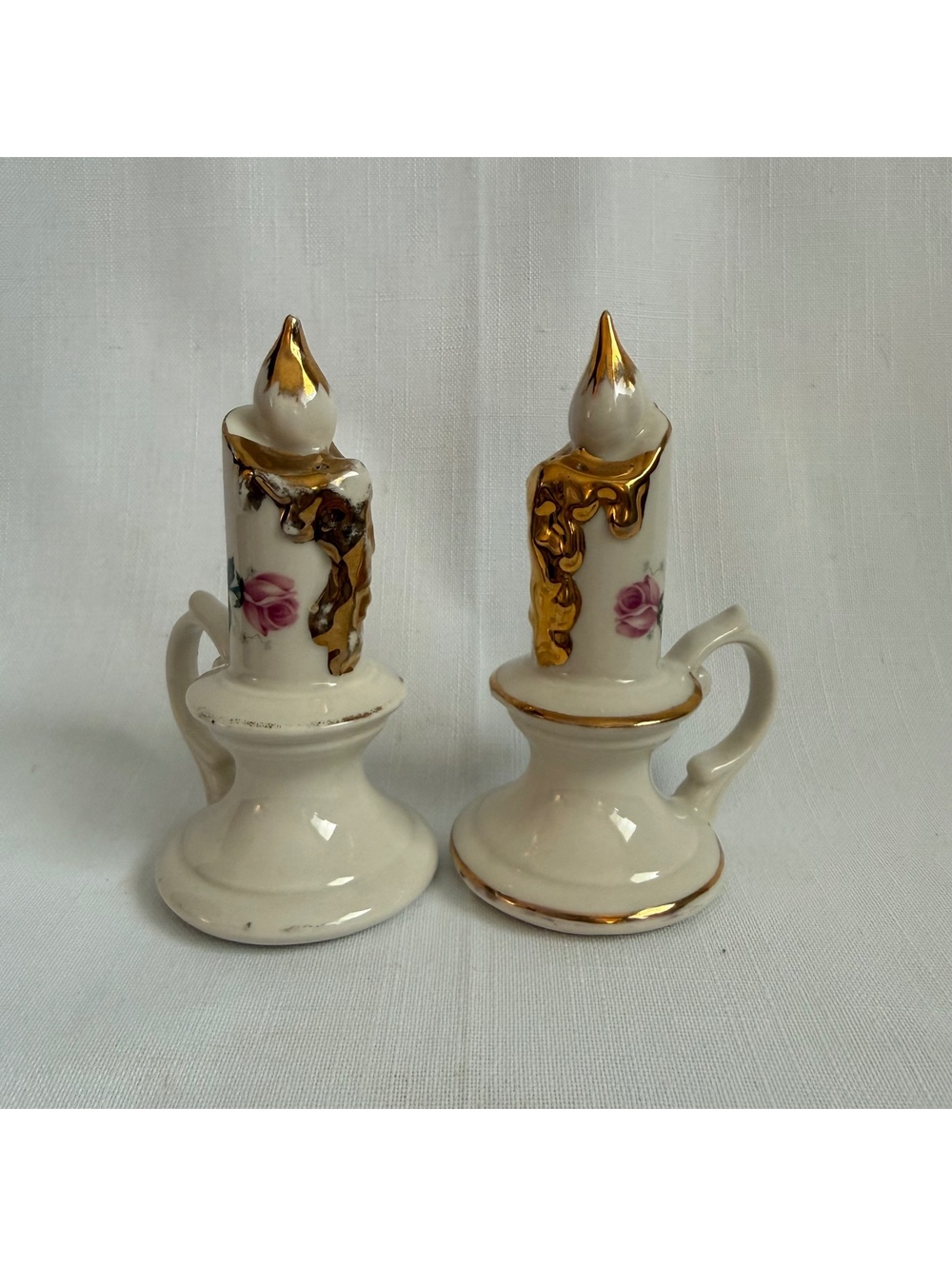 Vintage MCM Ceramic Candlestick Salt & Pepper Shakers - Pink Rose & Gold Gilt